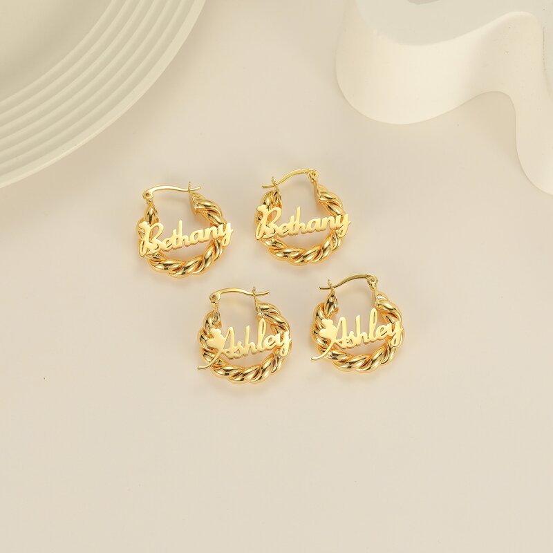 Earrings - Manufacturer OEM Custom 18/25mm 18K Gold Twist Nameplate Hoop Kids