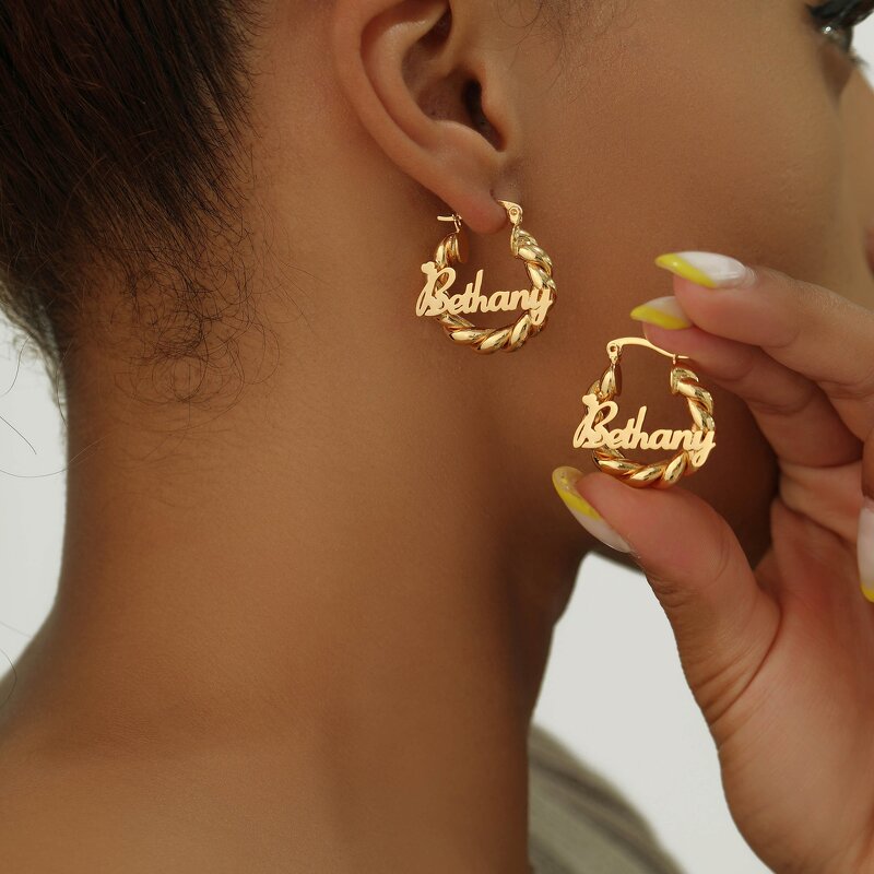Earrings - Manufacturer OEM Custom 18/25mm 18K Gold Twist Nameplate Hoop Kids