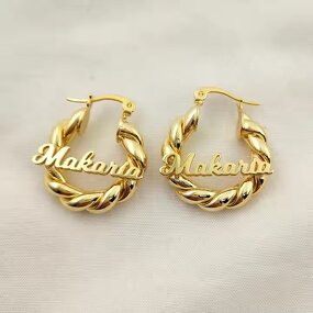 Earrings - Manufacturer OEM Custom 18/25mm 18K Gold Twist Nameplate Hoop Kids