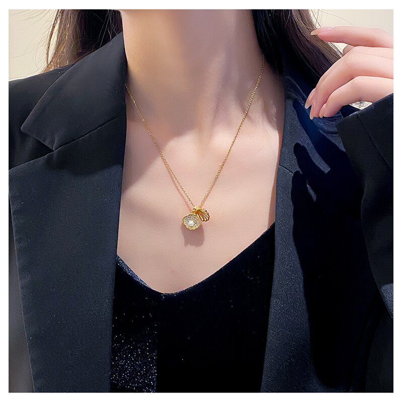 Necklace - Manufacturer 18K Gold Shell Zircon Stainless Steel Pearl Hollow Open