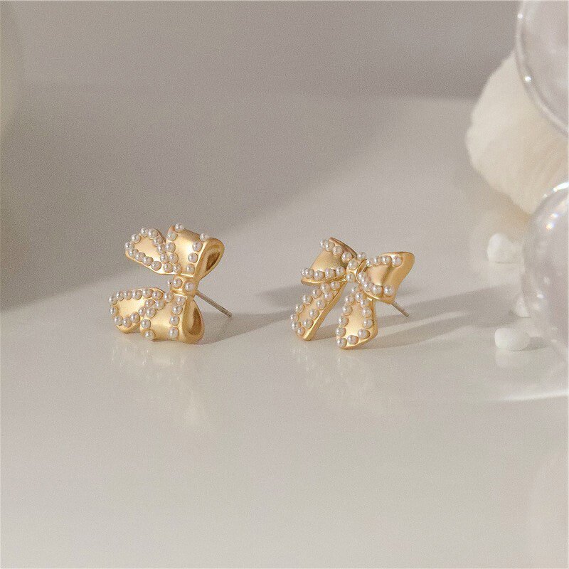 Earrings - Manufacturer S925 Silver 14K Gold Pearl Bow Stainless Steel Stud
