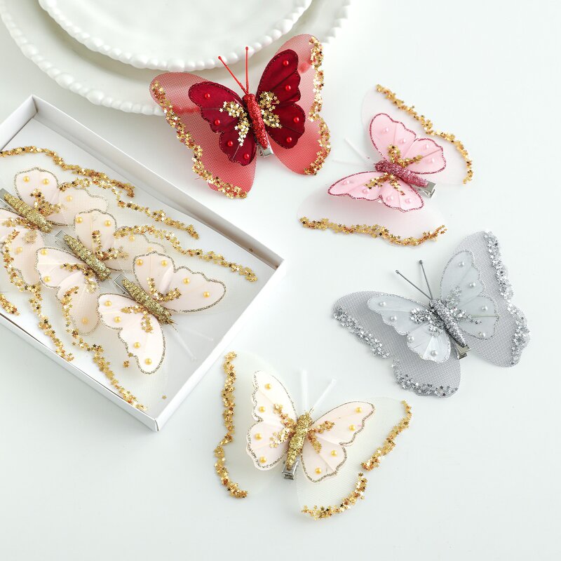 Christmas Tree Ornaments Manufacturer - 3D Glitter Butterfly Gold Red White Clip