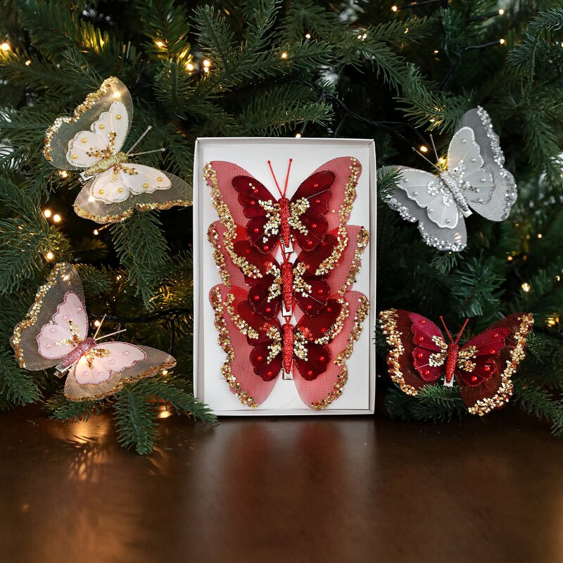 Christmas Tree Ornaments Manufacturer - 3D Glitter Butterfly Gold Red White Clip