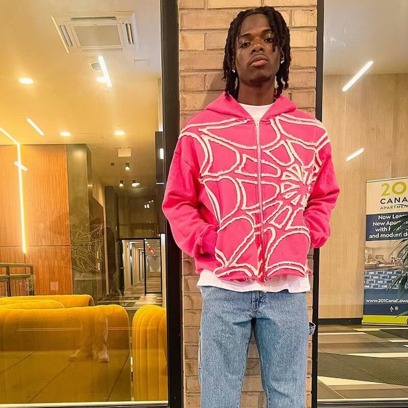 Men's Hoodie Manufacturer - OEM Designer Raw Cut Hem Spider Applique Embroidery