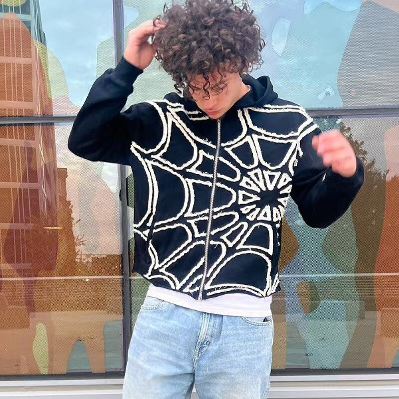 Men's Hoodie Manufacturer - OEM Designer Raw Cut Hem Spider Applique Embroidery