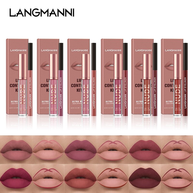 Makeup Set - Manufacturer Langmanni Lip Gloss Liner 2 Suit Matte No Stain on Cup