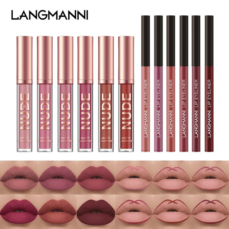 Makeup Set - Manufacturer Langmanni Lip Gloss Liner 2 Suit Matte No Stain on Cup