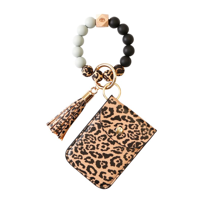 Keychain - Manufacturer Women's PU Leopard Silicone Bead Tassel Zipper Wristlet