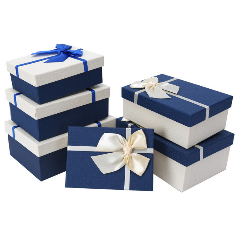 Gift Box - Manufacturer Custom Logo Size Ribbon White Blue Rectangle Paper