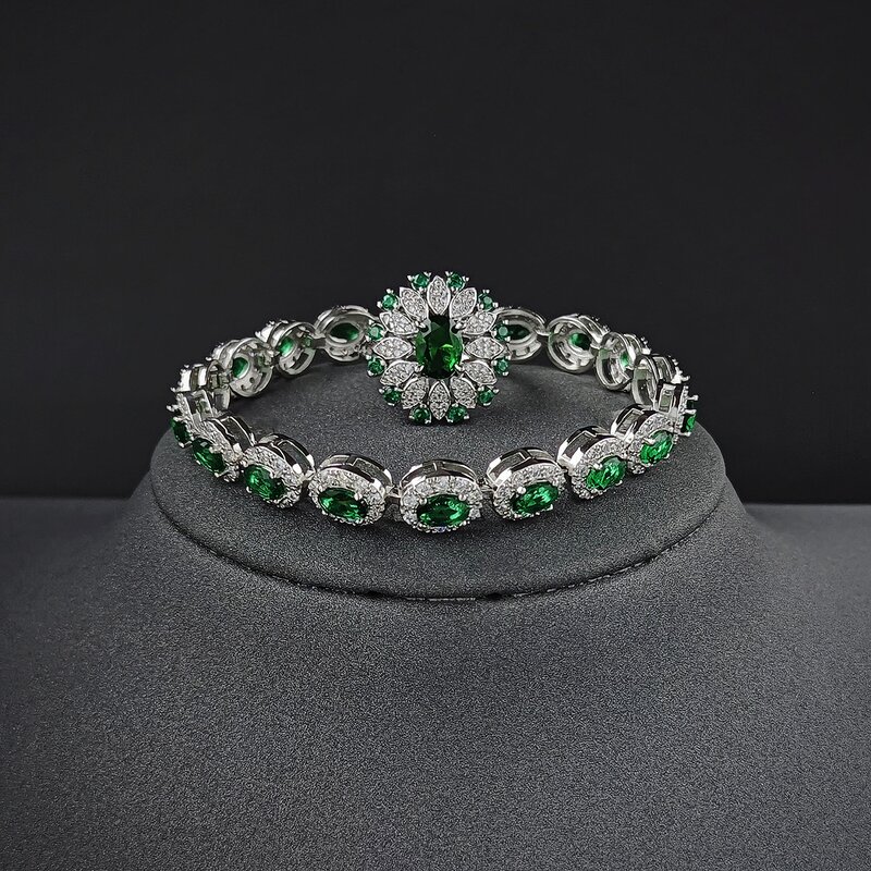 Jewelry Set - Manufacturer Green Oval Zircon Ring Bracelet Earring 3PCS