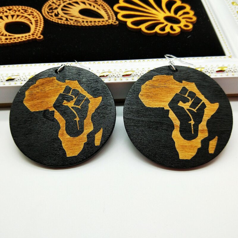 Earrings - Manufacturer Black African Map Afro Queen Painted Wood for Women