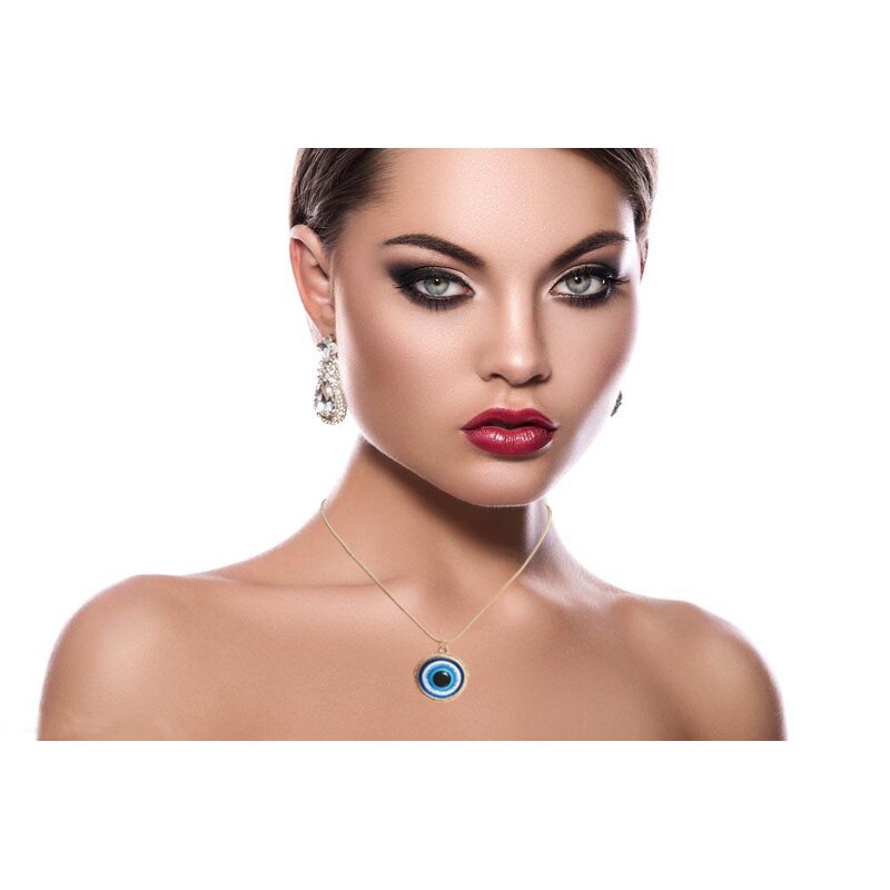 Necklace - Manufacturer 18K Gold Snake Chain 19MM Blue Evil Eyes Pendant