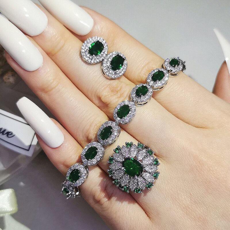 Jewelry Set - Manufacturer Green Emerald Bracelet Ring Earring 3PCS