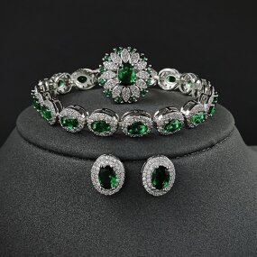 Jewelry Set - Manufacturer Green Oval Zircon Ring Bracelet Earring 3PCS
