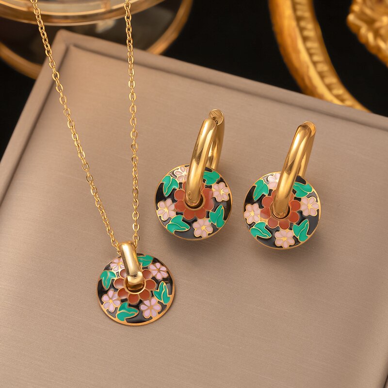 Jewelry Set - Manufacturer Vintage Flower Gold Plated Enamel Stainless Steel