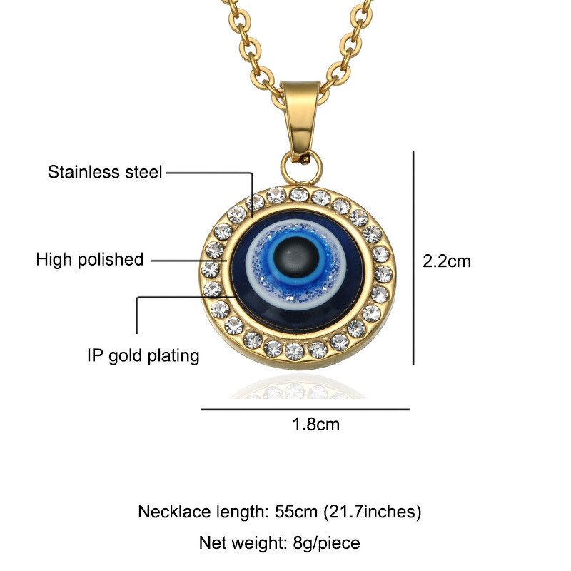 Necklace - Manufacturer Turkish Blue Eye Gold Stainless Steel Rhinestone Evil