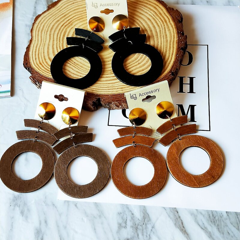 Earrings - Manufacturer African Geometric Wooden Drop Long Hollow Round for Girls