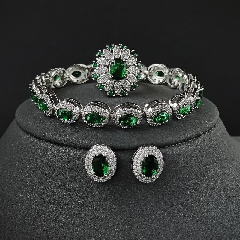 Jewelry Set - Manufacturer Green Emerald Bracelet Ring Earring 3PCS