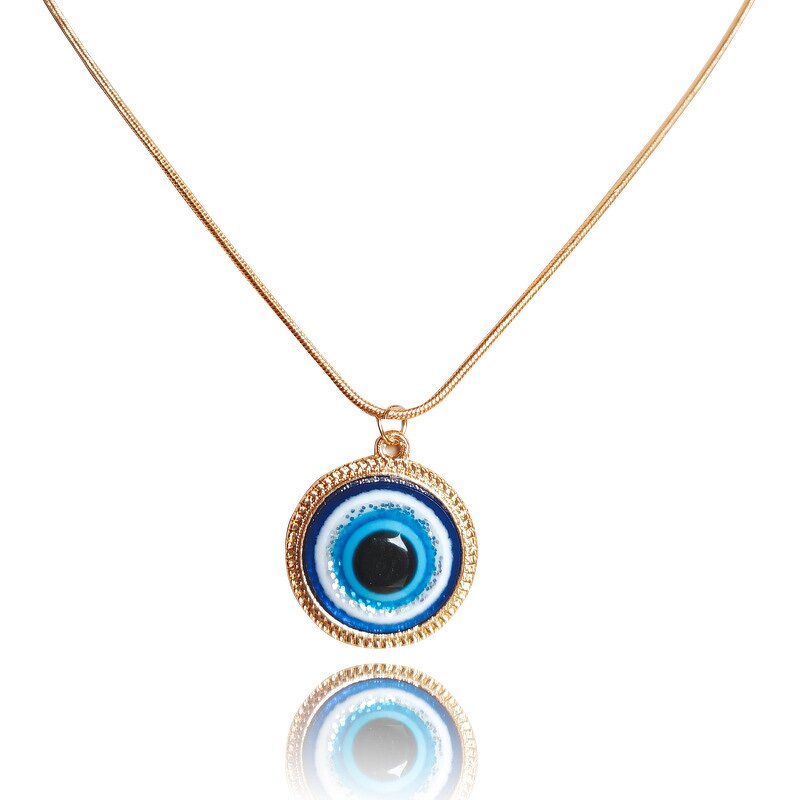Necklace - Manufacturer 18K Gold Snake Chain 19MM Blue Evil Eyes Pendant