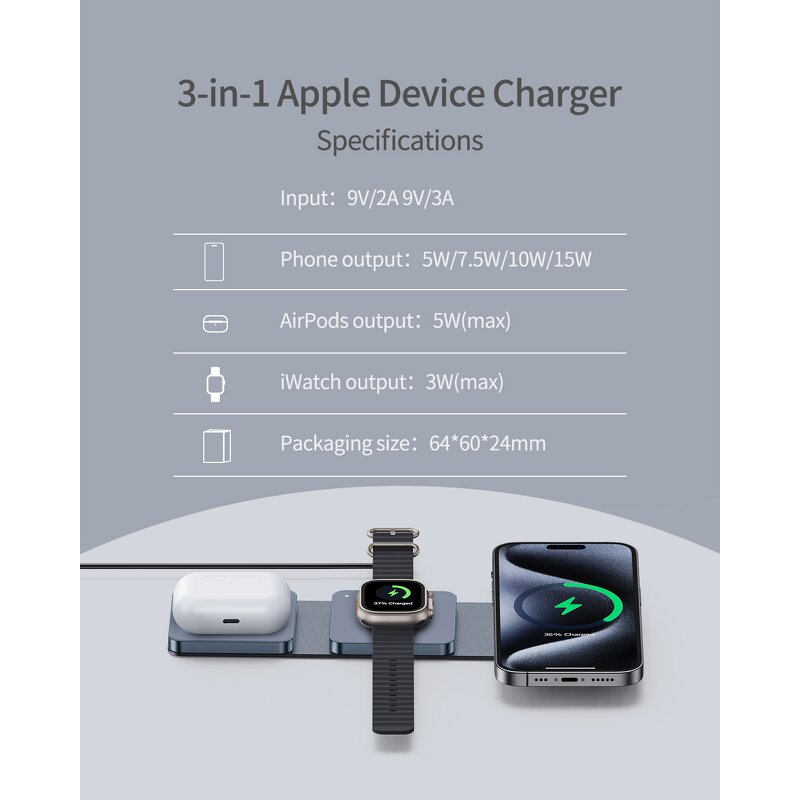 Wireless Charger - Manufacturer 3-in-1 Foldable Magnetic 5-15W Phones Watches Charger