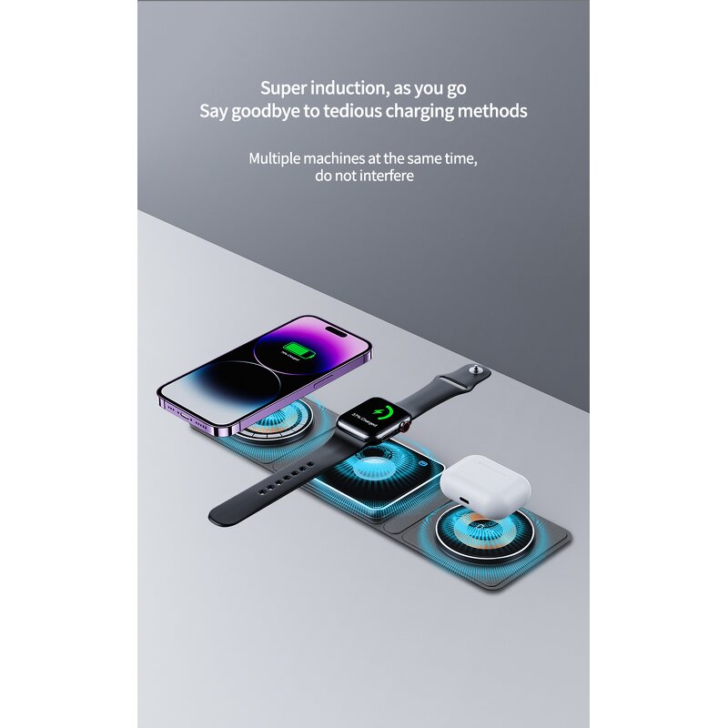 Wireless Charger - Manufacturer 15W Foldable Matte Black 3in1 Magnetic Mobile Stand