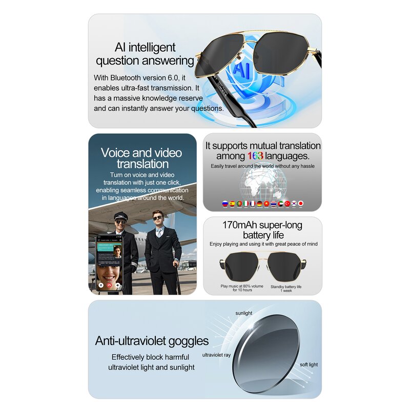 Smart Glasses Manufacturer - W100C AI Hands-Free Calling 163+ Language