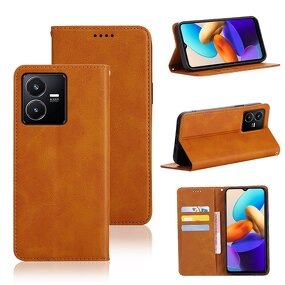 Phone Case - Manufacturer Vivo Y22s Calfskin Wallet Solid Color Light 5G Holster
