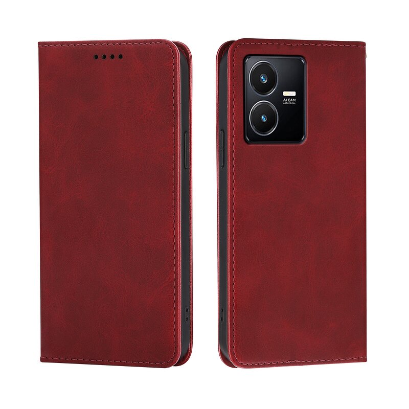 Phone Case - Manufacturer Vivo Y22s Calfskin Wallet Magnetic Solid Color Lightweight