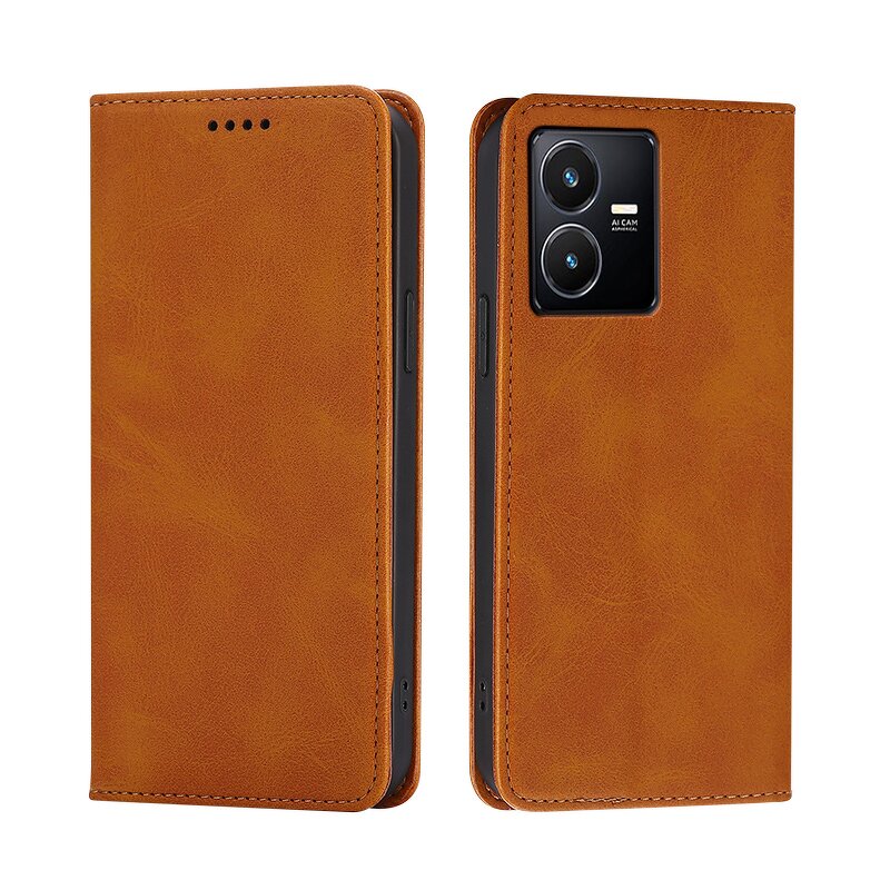 Phone Case - Manufacturer Vivo Y22s Calfskin Wallet Solid Color Light 5G Holster