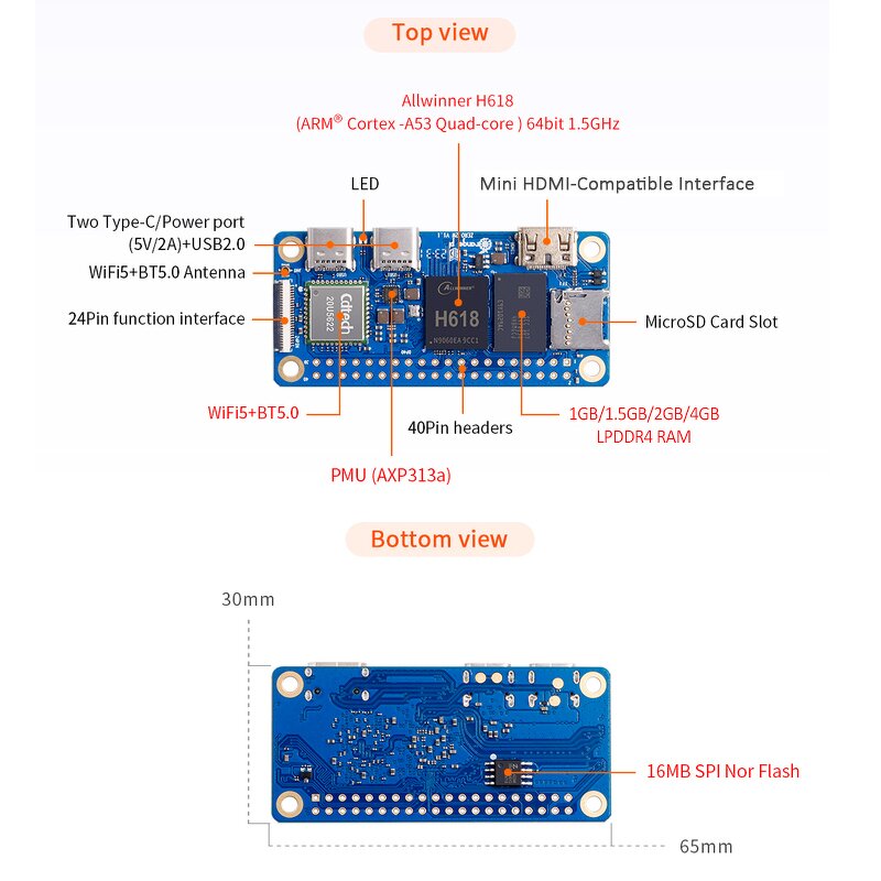 Development Board - Manufacturer Orange Pi Zero 2W 1/1.5/2/4GB H618 WiFi BT BLE SBC