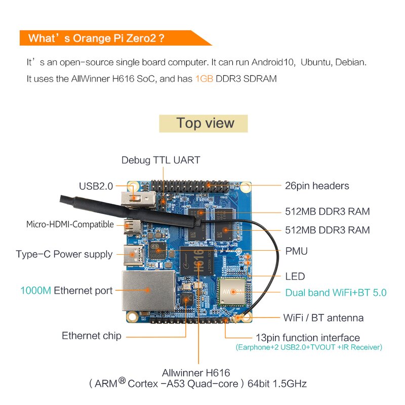 Development Board - Manufacturer Orange Pi Zero 2 1GB H616 BT WiFi IR Case Power HDMI