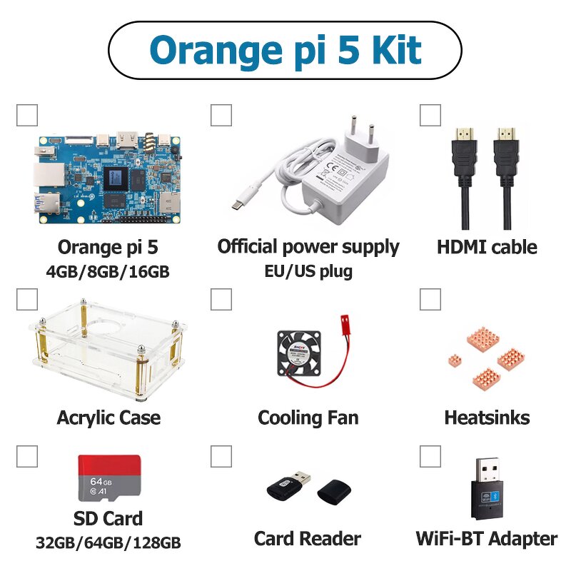 Starter Kit - Manufacturer Orange Pi 5 4/8/16GB RK3588S Case Fan Power Heatsinks SD
