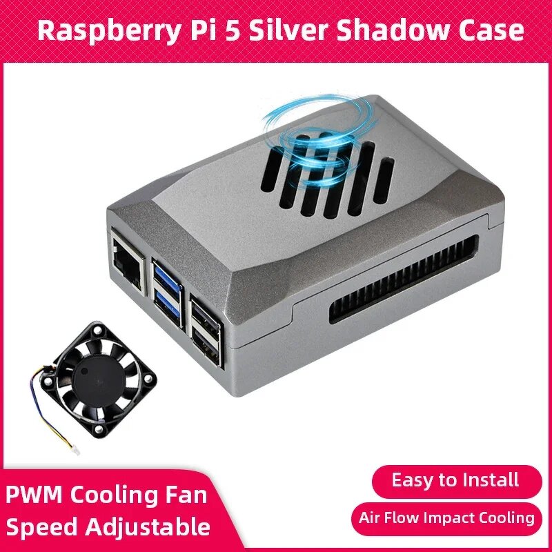 ABS Case - Manufacturer Raspberry Pi 5 Silvery PWM Fan Power Button Protective Shell