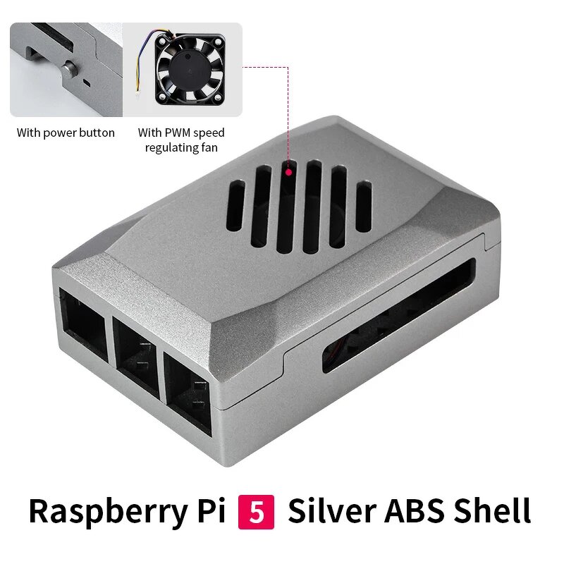 ABS Case - Manufacturer Raspberry Pi 5 Silvery PWM Fan Power Button Protective Shell