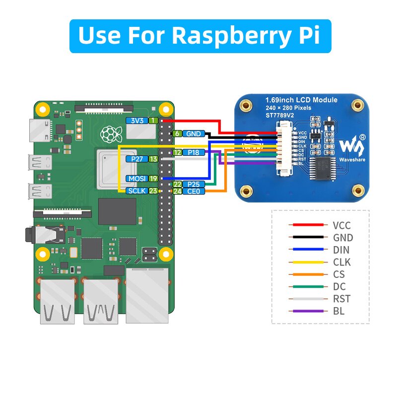 LCD Module - Manufacturer 1.69" 240x280 SPI ST7789V2 Arduino ESP32 Pi 4B/3B+/Zero