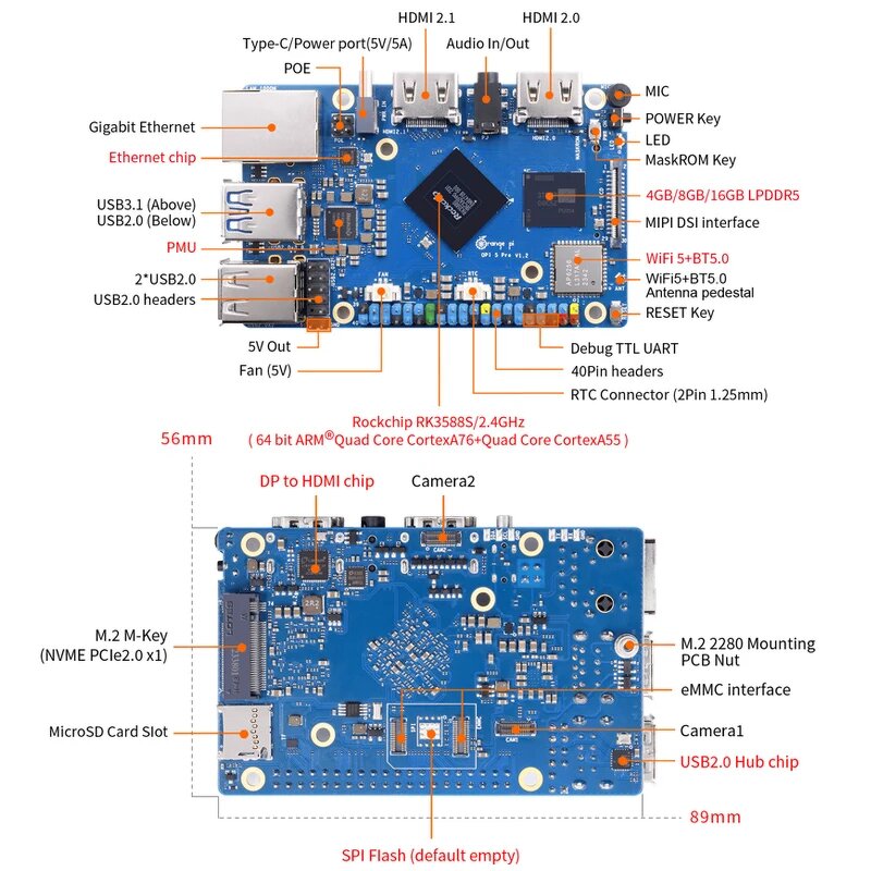 Development Board - Manufacturer Orange Pi 5 Pro RK3588S 4/8/16GB DDR5 WiFi+BT BLE