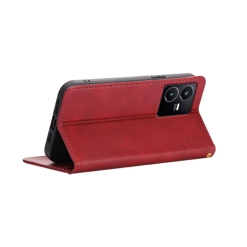 Phone Case - Manufacturer Vivo Y22s Calfskin Wallet Magnetic Solid Color Lightweight