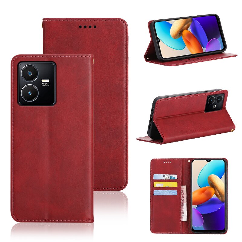 Phone Case - Manufacturer Vivo Y22s Calfskin Wallet Magnetic Solid Color Lightweight