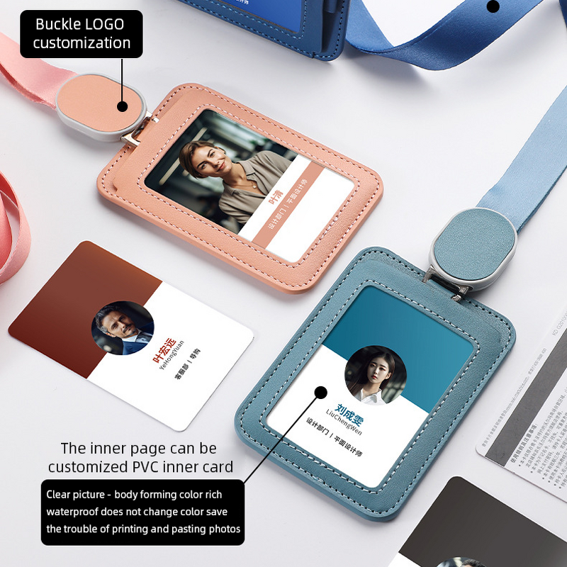 ID Badge Holder - Manufacturer Minimalist PU Leather Retractable Neck Strap Office Worker