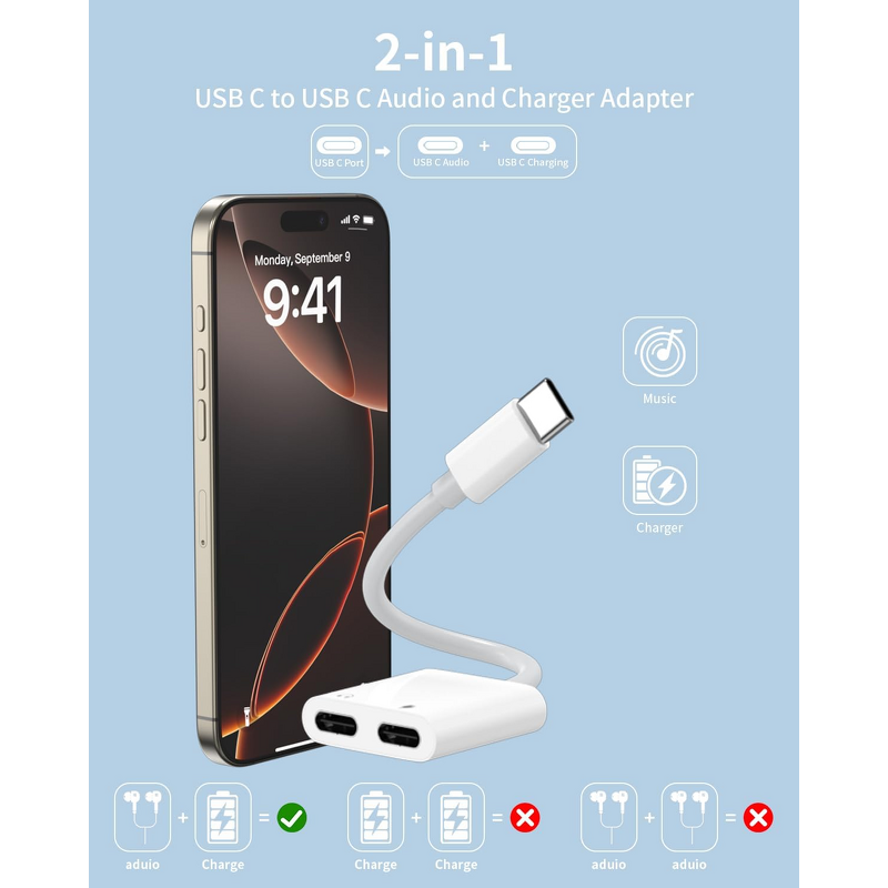 USB C Splitter - Manufacturer Dual USBC 2-in-1 PD 60W iPhone16 Laptop Audio Dongle