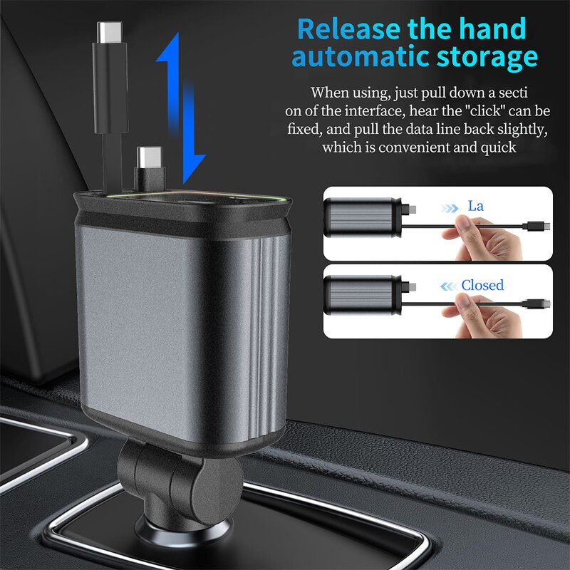 Car Charger - Manufacturer 4 in 1 Retractable 45W Dual USB Voltage Display iPhone16 Pro Max
