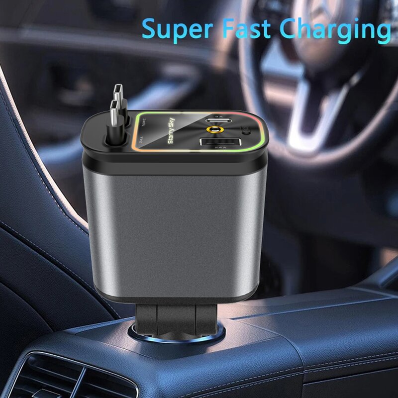 Car Charger - Manufacturer 4 in 1 Retractable 45W Dual USB Voltage Display iPhone16 Pro Max