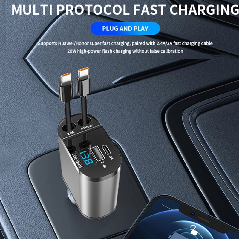 Car Charger - Manufacturer X-World 4-in-1 66W Retractable 2 Ports Type-C Eco-Friendly