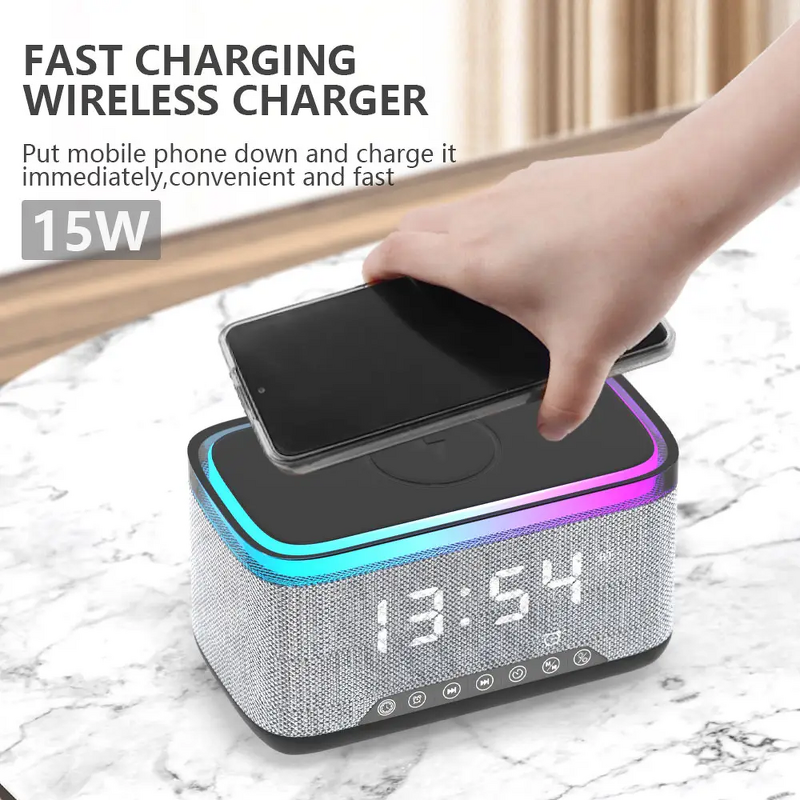 Alarm Clock Speaker - Manufacturer RGB LED Adjustable Wireless Charger FM Radio 6 in 1