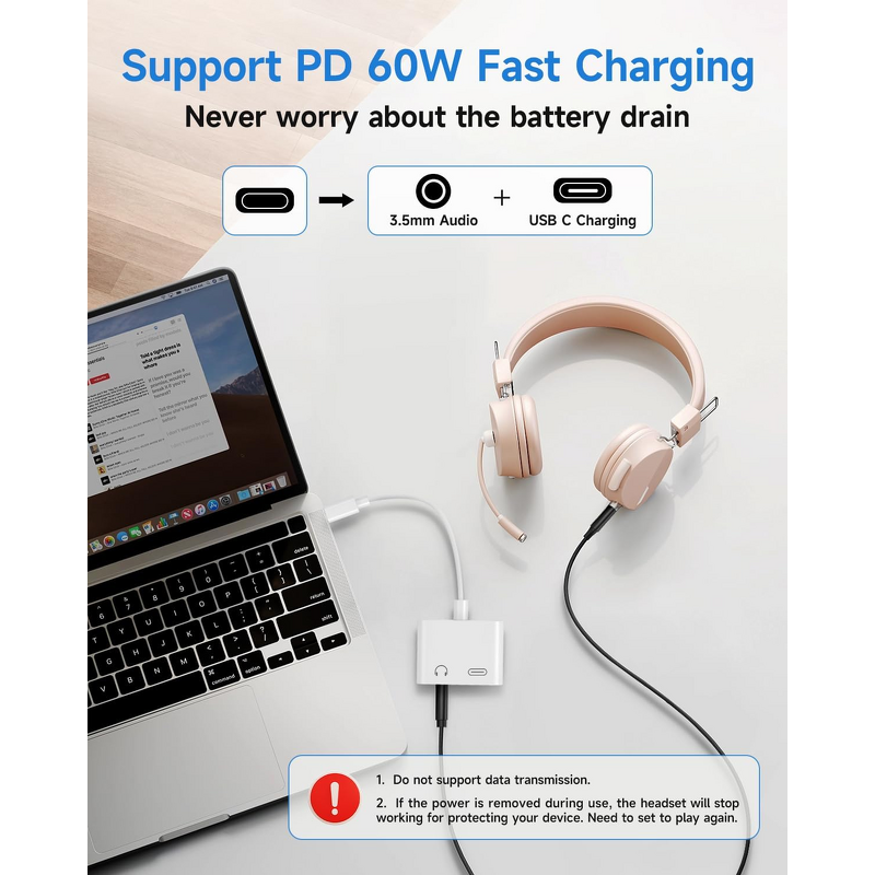 Audio Adapter - Manufacturer USB C to 3.5mm PD Fast Charging iPhone15/16 Pro Laptop