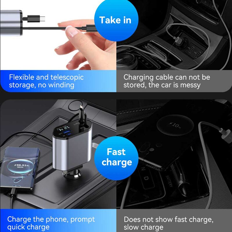 Car Charger - Manufacturer 100W PD 4 in 1 Dual Retractable Cable Fast Charging Universal