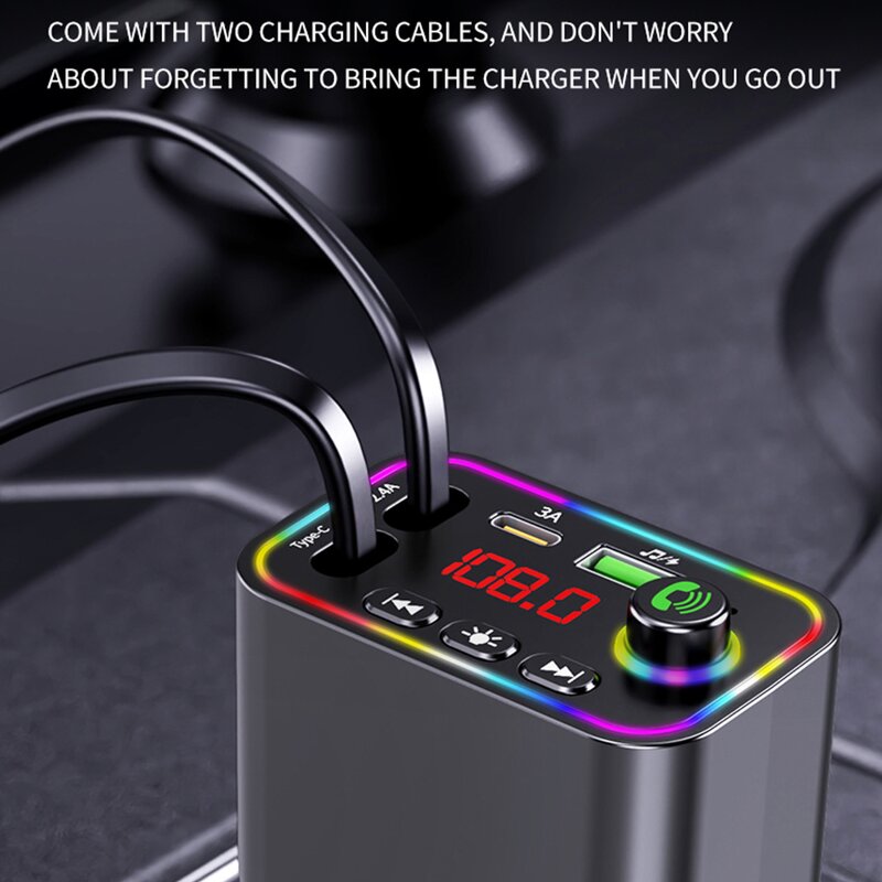 Car Charger - Manufacturer Y4 MP3 4-in-1 Digital Display Retractable Fast Charging Adapter