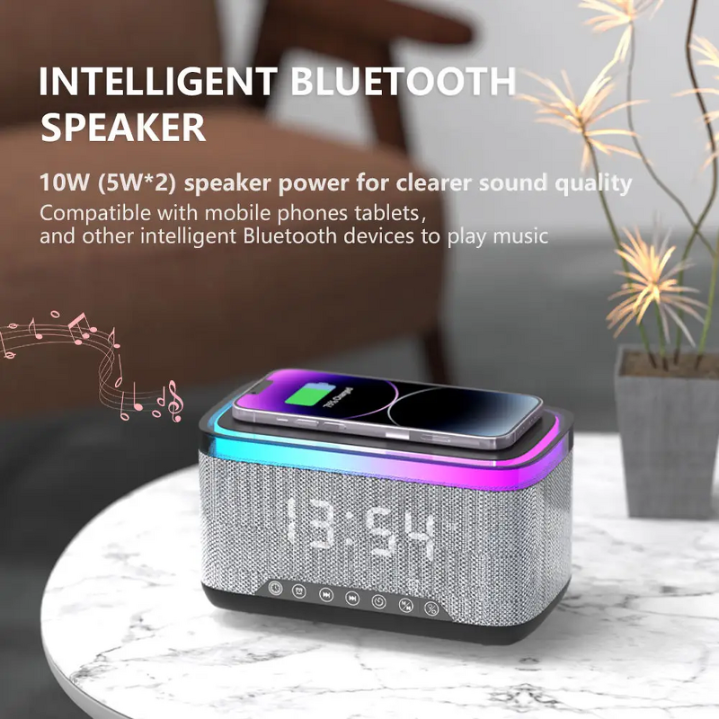Alarm Clock Speaker - Manufacturer RGB LED Adjustable Wireless Charger FM Radio 6 in 1
