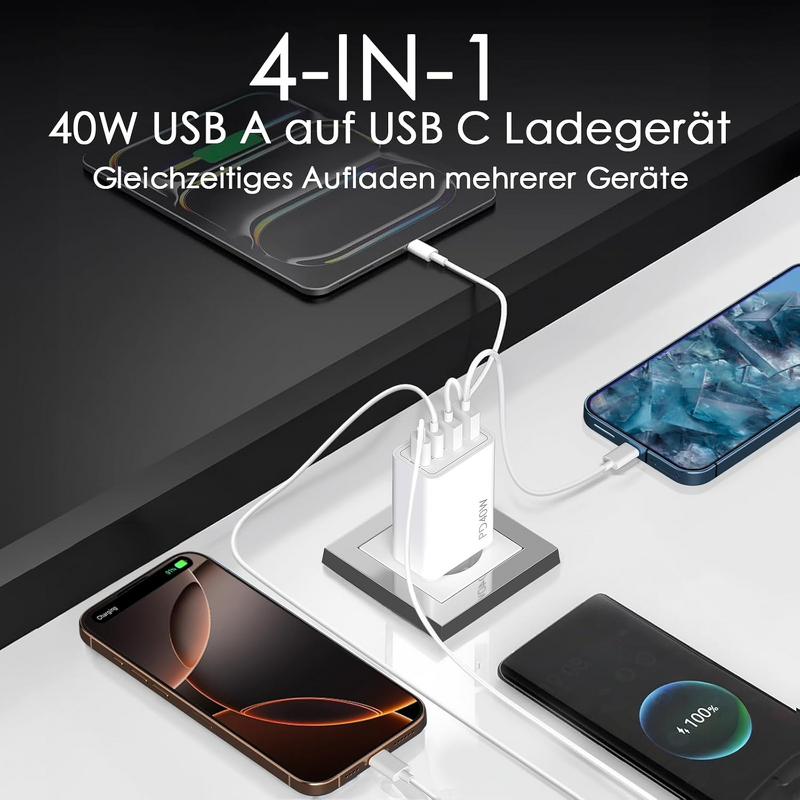 USB C Charger - Manufacturer 40W 4-port PD USB-A Power Adapter iPhone16/15/14/13/12/11