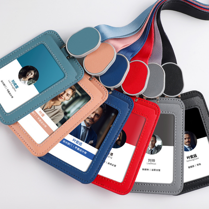 ID Badge Holder - Manufacturer Minimalist PU Leather Retractable Neck Strap Office Worker